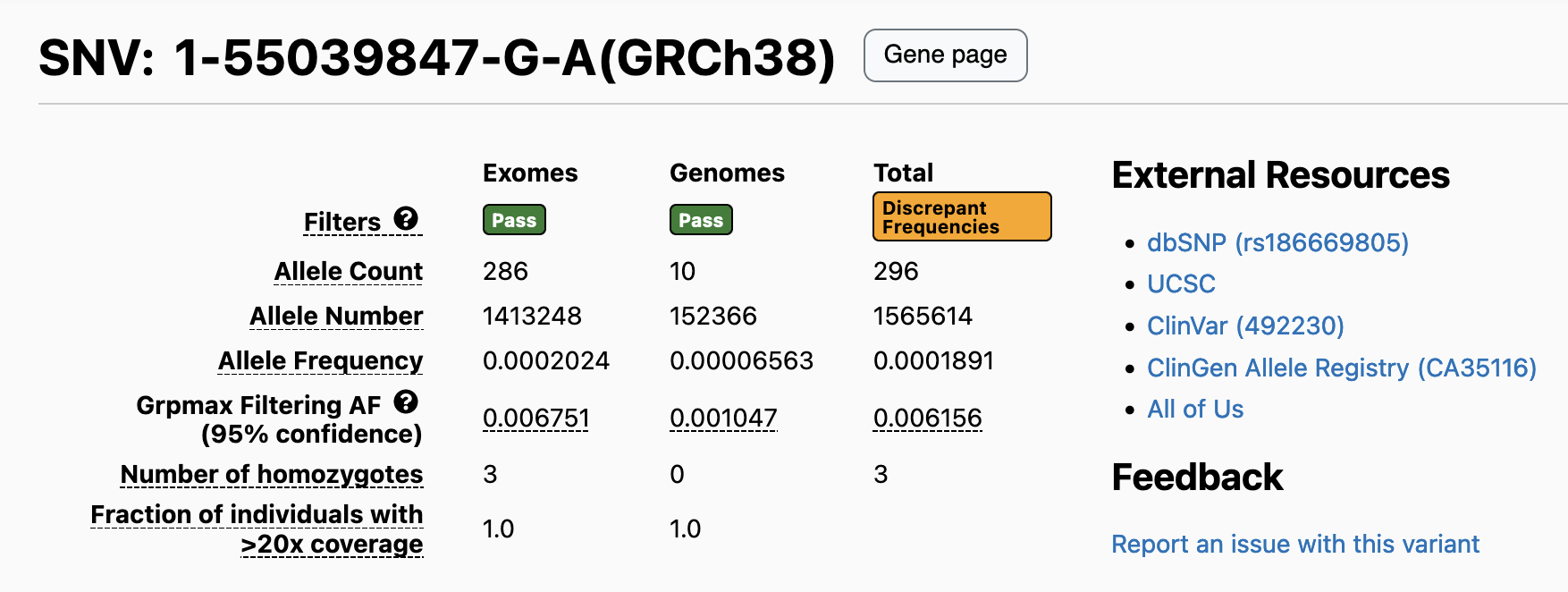 Screenshot showing variant with discrepant frequencies flag