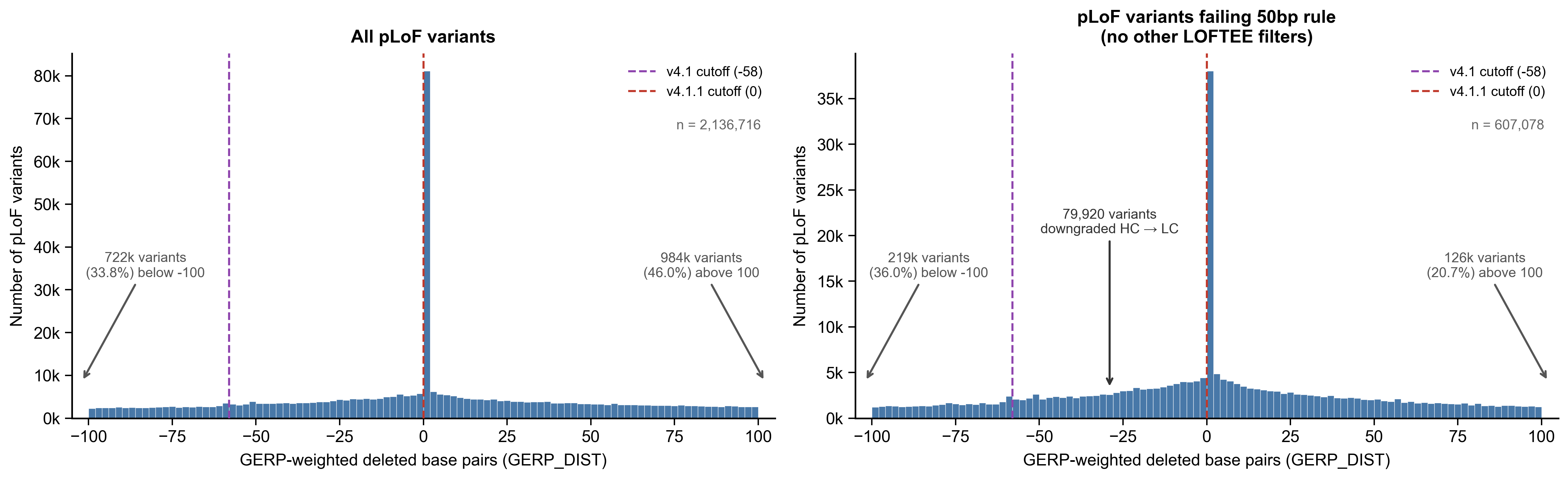 Distribution of GERP-weighted deleted base pairs (GERP_DIST) for pLoF variants in gnomAD v4.1 exomes
