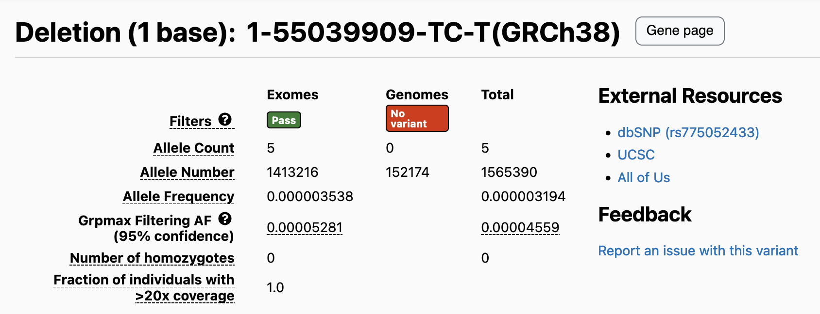 Screenshot showing joint AN for a variant with alternate allele counts only from the gnomAD exomes