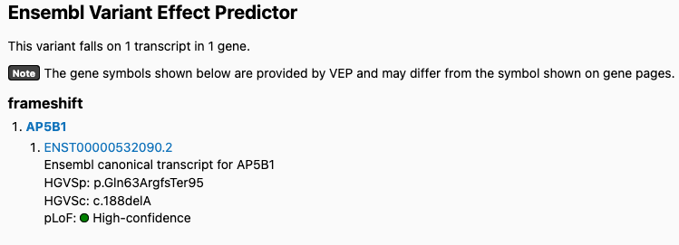 Screenshot of 11-65547775-CT-C Ensembl VEP conseqeunces in gnomAD v2
