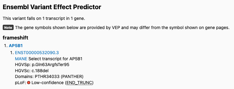 Screenshot of 11-65780304-CT-C Ensembl VEP consequences in gnomAD v4